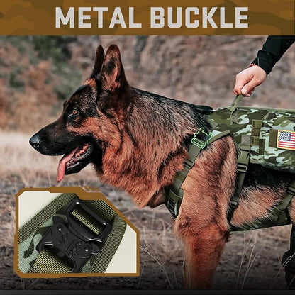 Forestpaw Tactical Dog Harness Tactical Dog Collar with Bungee Leash Set,No Pull Military Dog Harness for Walking Training,Adjustable for Medium Dogs,Camouflage Green,Chest 17-25"