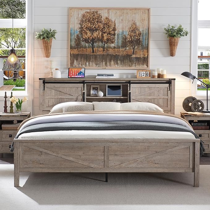 RedLemon Farmhouse King Size Bed Frame with Bookcase Headboard & Sliding Barn Door, Storage Shelves, Charging Station, Wood Slats Support, No Box Spring Needed, Light Rustic Oak