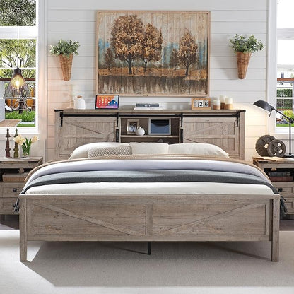 RedLemon Farmhouse King Size Bed Frame with Bookcase Headboard & Sliding Barn Door, Storage Shelves, Charging Station, Wood Slats Support, No Box Spring Needed, Light Rustic Oak