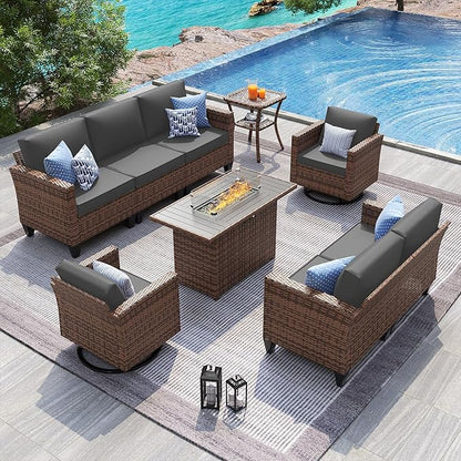 UDPATIO Patio Furniture Set with Fire Pit Table, Rocking Swivel Chairs, 6 Pieces Outdoor Conversation Sets, All-Weather Wicker Outdoor Sectional Sofa with Waterproof Cover, 4'' Thickened Cushion, Grey