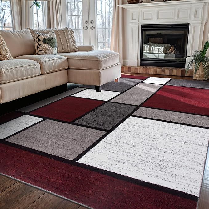 Rugshop Modern Geometric Boxes Red Area Rug, Non-Shedding Carpet for Living Room, Bedroom, or Dining Room, 5'3" x 7'3"