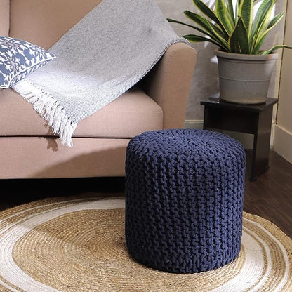 REDEARTH Cylindrical Pouf Ottoman -Hand Knitted Poof Pouffe Accent Chair Seat Footrest for Living Room, Bedroom, Nursery, kidsroom, Patio, Gym; 100% Cotton (16x16x16; Navy Blue)