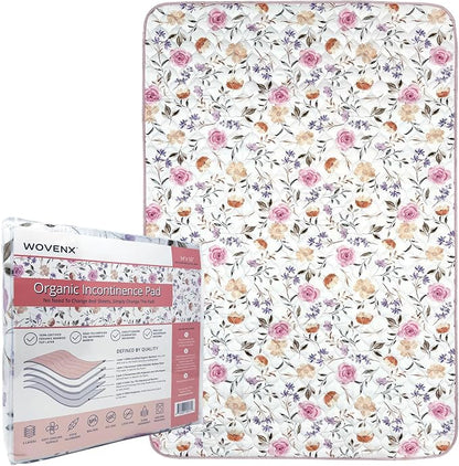 Organic Incontinence Pads for Kids & Toddlers - 5 Layer Waterproof Protectors for Overnight Bed Wetting - Reusable & Washable Pee Pads - Fits Twin to Full Size Beds - 34" x 52" Flower