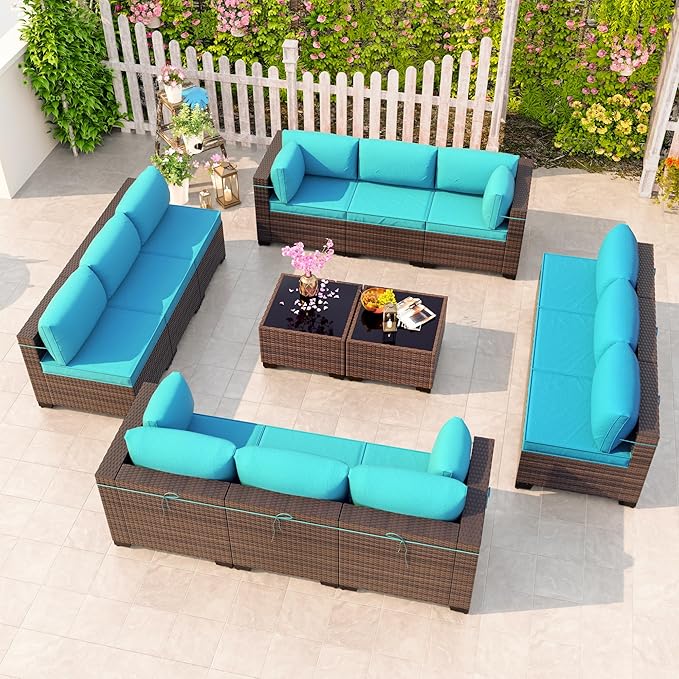 Kullavik 14 Pieces Outdoor Patio Furniture Set,Sectional Rattan Sofa Set Brown PE Rattan Wicker Patio Conversation Set with Tempered Glass Coffee Tables and Washable Cushions Covers,Turquoise Blue