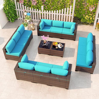 Kullavik 14 Pieces Outdoor Patio Furniture Set,Sectional Rattan Sofa Set Brown PE Rattan Wicker Patio Conversation Set with Tempered Glass Coffee Tables and Washable Cushions Covers,Turquoise Blue