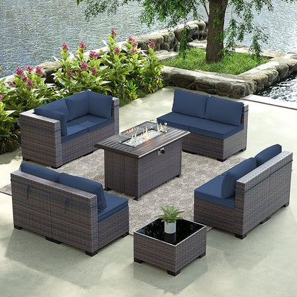 Gotland 10 Pieces Patio Furniture Set with Fire Pit Table, All Weather Rattan Outdoor Furniture with 29.5'' High Backrest 4’’ Thick Cushions Coffee Table, Outdoor Sofa for Deck, Garden, Backyard, Navy