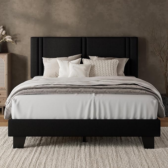 iPormis Full Platform Bed Frame with Fabric Upholstered Headboard & Thickened Legs, Mattress Foundation with Solid Wooden Slats Support, No Box Spring Needed, Noise Free, Black
