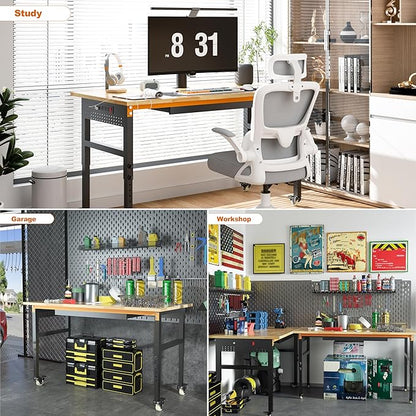 Betterhood 60" Adjustable Workbench on Wheels, 2000 LBS Heavy Duty Work Table with Power Outlets & Pegboard, Rubber Wood Workstation for Garage, Workshop, Office, Home, Commercial