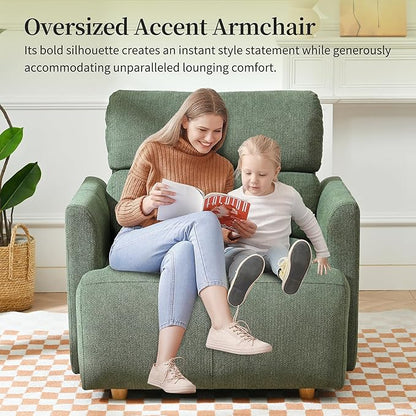 QKFF Modern Oversized Accent Chair with Storage Ottoman & Side Pillows, Snowflake Fleece Upholstered Chaise Lounge Chair, Deep Seat Reading Chair for Living Room, 350lbs Capacity
