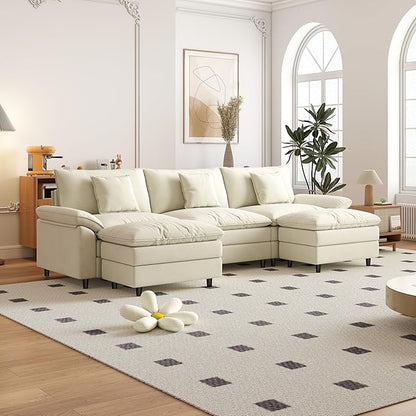 Aoowow Modular Sectional Sofa Modern Convertible U Shaped Couch,118.9 Inch Deep 3-Seater Sofas Set Comfy Chenille Cloud Sofas and Couches with Movable Ottoman for Living Room Apartment(Beige)