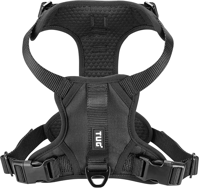 TUG No-Pull Dog Harness, 2 Leash Clips + Padded Handle (Large, Black) | Water-Resistant Padded Interior | No-Pull Front Clip | Padded Back Handle | Adjustable Straps