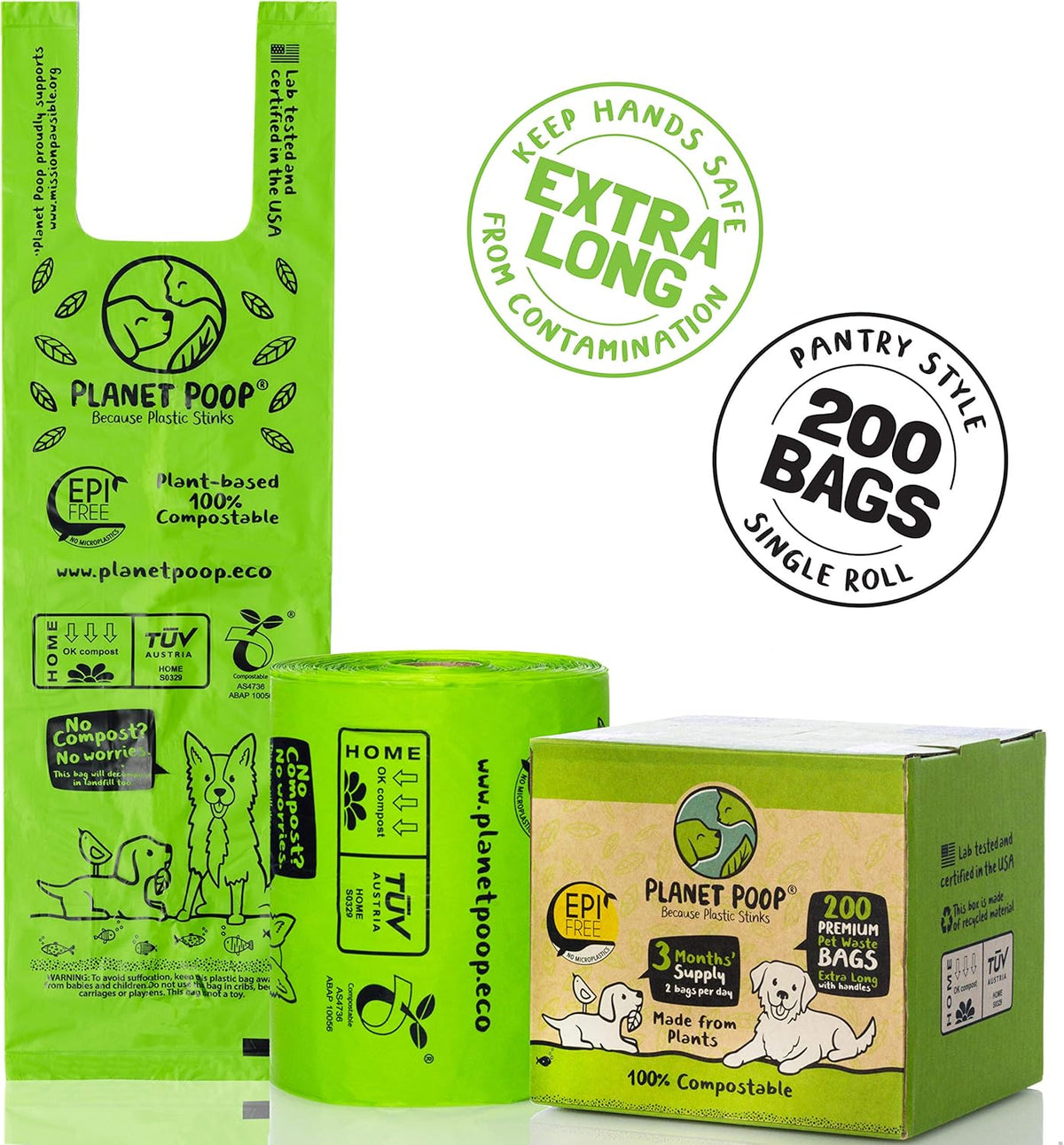 PLANET POOP Home Compostable Dog Poop Bags Extra Long with Handles | Large Single Roll 200 Grab & Go | Un-scented Dog Waste Bag | Leakproof Doggy & Cat Bags | Plant-Based Pet Supplies