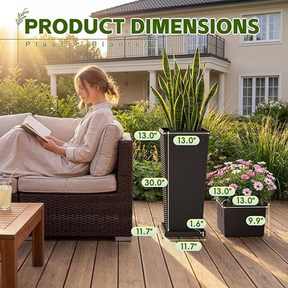 Devoko Resin Tall Planters for Outdoor Plants Set of 2, Large Taper Outdoor Planter Pots with 4 Drainage Holes, Flower Pots Modern Decor for Porch, Patio, Backyard, Garden(Brown, 30''with Trays)