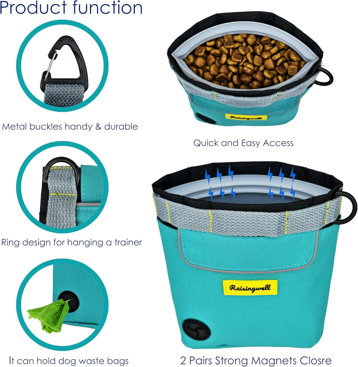 Dog Treat Pouch for Pet Walking and Training with Clicker 2 Cup Silicone Bag Small Fanny Pack Holder for Puppy Snack Dispenser Kit for Leash and Outdoor Use (Green)