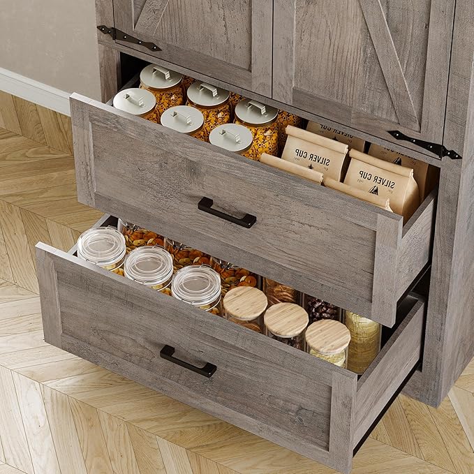 Pantry Organizers and Storage Cabinet, 71” Barn Door White Kitchen Cabinet