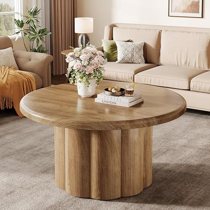 Tribesigns 31.5" Round Coffee Table for Living Room, Farmhouse Circle Center Cocktail Table with Fluted Drum Base, Wooden Living Room Furniture for Apartment, Small Space, Brown