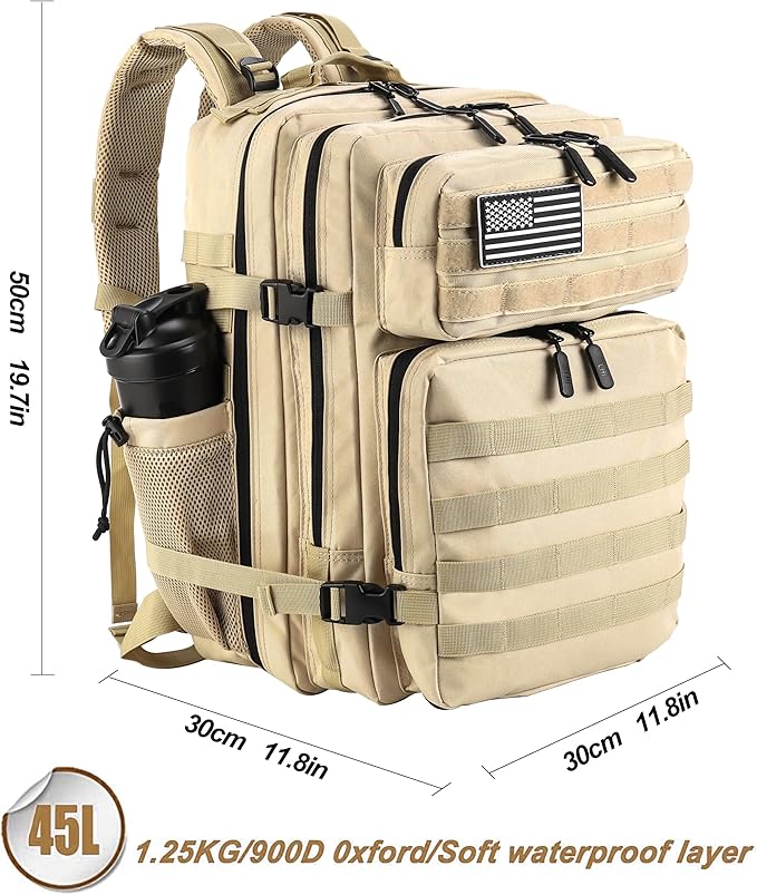 LHI Military Tactical Backpack for Men and Women 45L Army 3 Days Assault Pack Bag Large Rucksack with Molle System - Cream