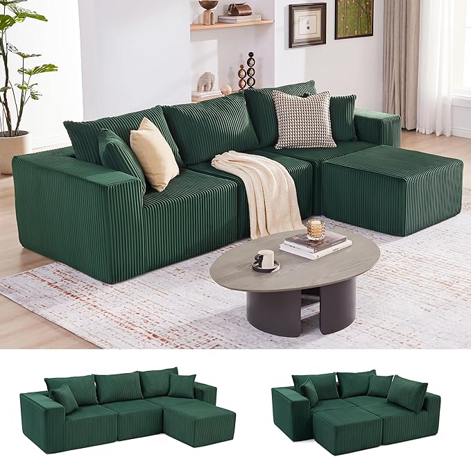 107.4" Cloud Couch Sectional, Modular Sofa with Deep Seat, Plush Corduroy L Shaped Boneless Couch, Convertible Sectional Couches for Living Room, 4Seat, Green