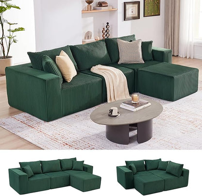 107.4" Cloud Couch Sectional, Modular Sofa with Deep Seat, Plush Corduroy L Shaped Boneless Couch, Convertible Sectional Couches for Living Room, 4Seat, Green