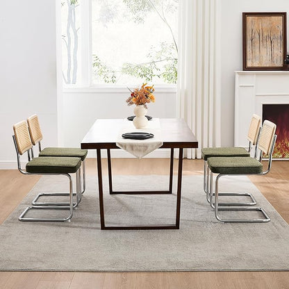 Zesthouse Natural Rattan Dining Chairs Set of 2, Mid Century Modern Dining Chairs with Solid Wood Back & Chrome Base, for Kitchen Living Room, Breuer Design Inspired, Upholstered Linen Fabric, Green