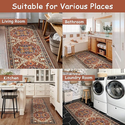 Moynesa Ultra-Thin Washable Runner Rug - 2'6"x8 Non-Slip Kitchen Runner, Non-Shedding Stain Resistance Low Pile Bedroom Mat Indoor Accent Carpet Runner for Bathroom Hallway, Brown/Multi
