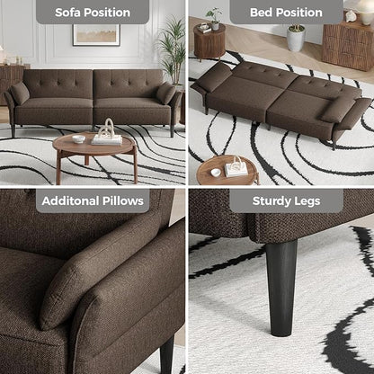 89” Futon Sofa Bed,Comfy Futon Couch Bed with 2 Square Pillows,Convertible Sleeper Sofa with Adjustable Backrest& Armrests, Modern Loveseat Sleeper for Living Room, Bedroom, Linen Brown