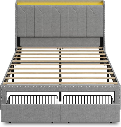 WLIVE Full Size Upholstered Bed Frame with 2 Drawers, Linen Tufted Storage Headboard with Charging Ports and LED Light,Sturdy Metal & Wooden Slats Support, No Box Spring Needed, Light Grey