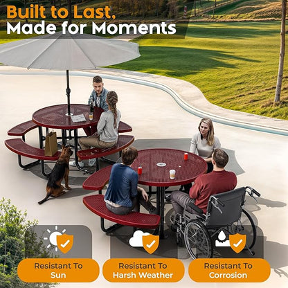 Metal Picnic Tables for Outdoors with Umbrella Hole - Coated Steel Heavy Duty Commercial Grade Furniture Set with Adjustable Seats (Red, 46 in, Round, Expanded Steel)