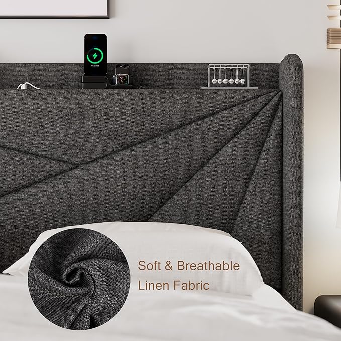 Queen Size Upholstered Bed Frame with Charging Station, Platform Bed Frame with Storage Headboard, Solid Wood Slats Support, No Box Spring Needed, Dark Gray