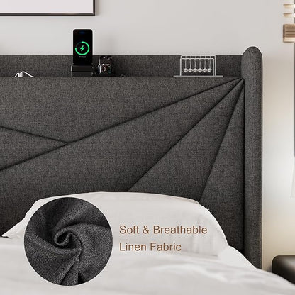 Queen Size Upholstered Bed Frame with Charging Station, Platform Bed Frame with Storage Headboard, Solid Wood Slats Support, No Box Spring Needed, Dark Gray