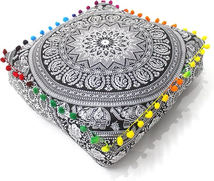 CRAFT KALA Black Elephant Flower Large Hippie Mandala Meditation Floor Ottoman Pillow Cushion Pouf Cover Square Poufs Bohemian Floor Cushion Case Outdoor Fireplace Living Room Decor Cover 16" Square