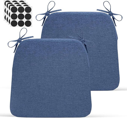 D-Shaped Indoor Chair Cushions 17" x 16" for Kitchen & Dining Chairs – 2'' Thick Seat Pads with Ties & Non-Slip Backing, High-Density Foam, Machine-Washable Covers, Set of 2 with Chair Leg Pads, Blue
