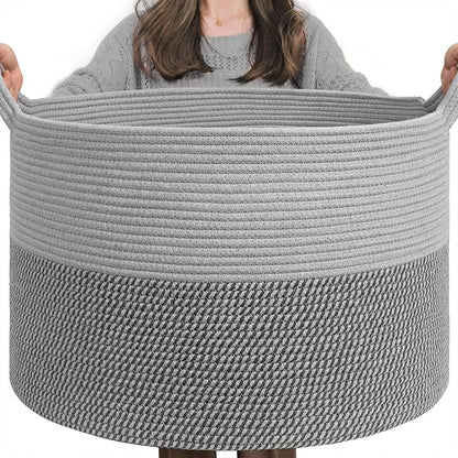 INDRESSME Extra Large Laundry Basket, Cotton Rope Blanket Basket for Nursery Living Room, Decorative Woven Storage Basket with Handles for Dirty Clothes, Toy Bin For Dog Toys, 21.7 x 13.8 inches, Grey