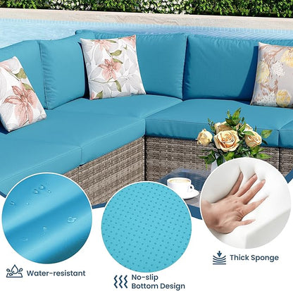 8 Pieces Outdoor Patio Furniture Set with 43" Fire Pit Table, Wicker Outdoor Patio Sectional Sofas Coffee Table, All-Weather Patio Conversation Set with Cushions for Garden Backyard, Light Blue