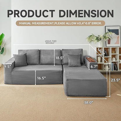 Modular Sectional Sofa Cloud Couch with Multi-Functional Armrests, Boneless Plush L-Shape Living Room Couch with Deep Seat, Fluffy Comfy Sleeper Sofa Easy Assembly (Gray, Left Chaise)