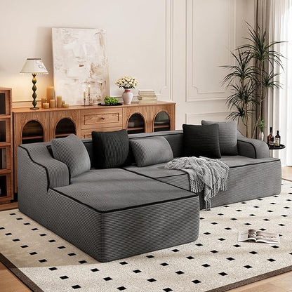 PHI VILLA 104" Cloud Sectional Sofa, Modern L-Shaped Couch with Deep Seat, Compressed Couches for Apartment Living Room, No Assembly Required, Corduroy, Grey