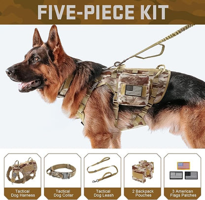 Forestpaw Tactical Dog Harness Tactical Dog Collar with Bungee Leash Set,No Pull Military Dog Harness for Walking Training,Adjustable for Medium Dogs,Camouflage Brown,Chest 17-25"
