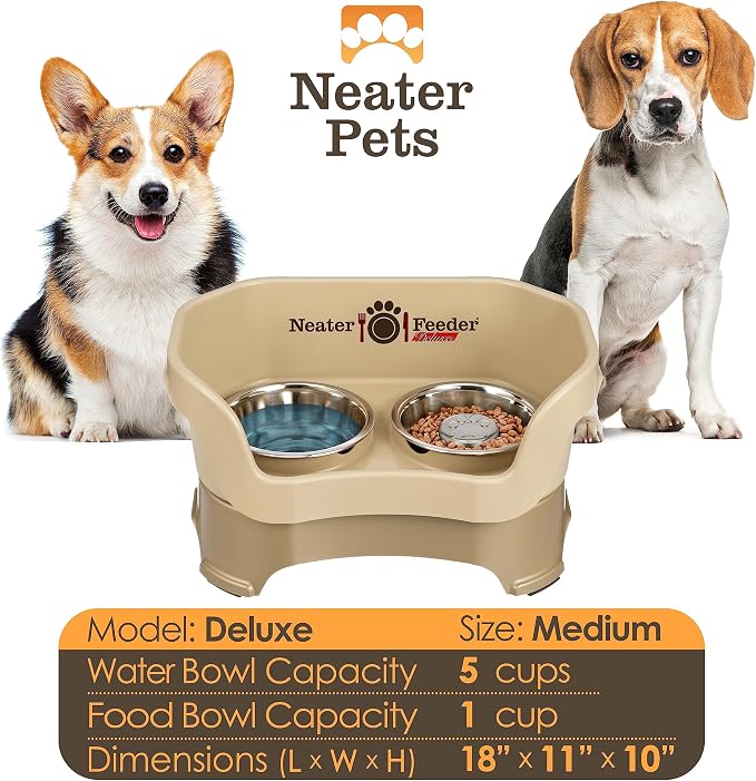 Neater Feeder Deluxe Mess Proof Dog Bowls Elevated for Medium Sized Breeds – Made in USA – No Spill Raised Slow Feeder Elevated Dog Bowl Stand, Stainless Steel Food and Water Bowl Set, Cappuccino