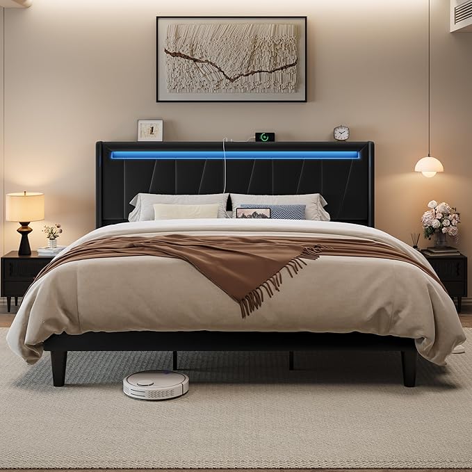 Allewie King Size LED Bed Frame with Charging Station, Velvet Upholstered Platform Bed with Geometric Wingback Headboard, Modern Frame with No Box Spring Needed, Easy Assembly, Black