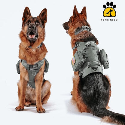 Forestpaw Tactical Dog Harness for Large Dogs,Tactical Dog Collar with Bungee Leash Set,No Pull Military Dog Harness for Walking Training,Adjustable for Medium Large Dogs,Gray,Chest 27-40"