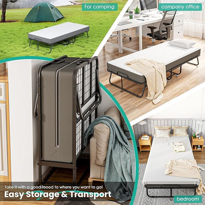 Greenvelly Folding Bed with 5 Inch Mattress, 75” x 31” Portable Rollaway Bed with Memory Mattress, Foldable Bed with Metal Frame for Adults,Guest,Space-Saving
