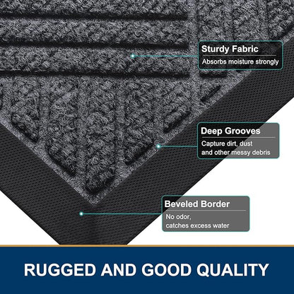 Smiry Front Door Mat Outside Entrance, Heavy Duty Outdoor Indoor Natural Rubber Doormat, Non Slip, Trap Dirt and Moisture, Easy Clean, Low Profile Patio Porch Entryway Mat, 29.5x17, Dark Grey