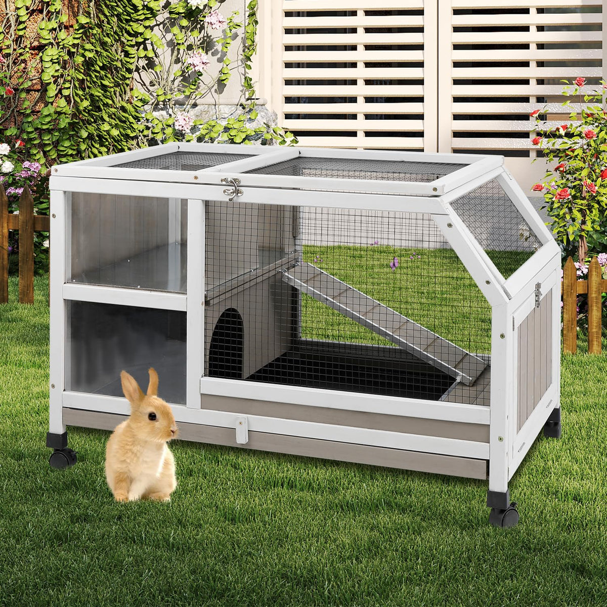 36''L Rabbit Hutch Outdoor with Casters and Run, Wooden Indoor 2 Story Guinea Pig Cage with Divider Panel, Pull Out Tray, Rabbit Duck Bunny House for Small to Medium Animals and Pet Lover, Gray
