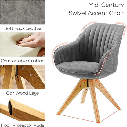Art Leon Dining Chair, Mid Century Modern Faux Leather Upholstered Swivel Dining Room Chair with Oak Wood Legs, Leisure Side Chair with Arms for Living Room, Gray