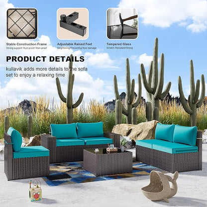 Kullavik Outdoor Patio Furniture Set 6 Pieces Sectional Rattan Sofa Set Brown PE Rattan Wicker Patio Conversation Set with 5 Seat Cushions and 1 Tempered Glass Table, Turquoise Blue
