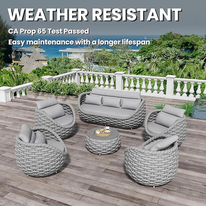 Erotr Aluminum Rope Patio Furniture Set: 6 Pieces Assembled Outdoor Conversation Sofa Set for 7 - Modern Metal Couch Set Cushioned - All Weather Porch Seating for Deck Garden Pool Lanai Hotel, Gray