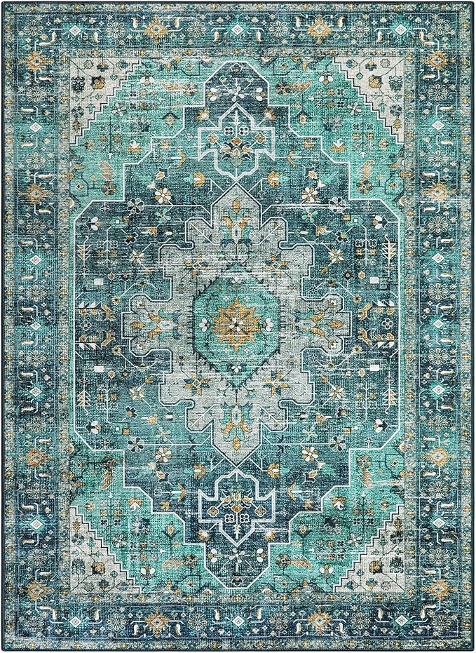 Moynesa Ultra-Thin Washable Area Rug - 4x6 Teal Living Room Rug Oriental Rugs for Bedroom, Non Slip Non Shedding Low Pile Entryway Carpet for Bedroom Dressing Room Office