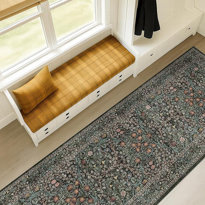 Non Slip 2x6 Kitchen Runner Rug Washable, Rubber Backed Hallway Runner Rugs, Boho Vintage Floral Botanical Dark Green Non Skid Carpet for Entryway, Bathroom, Hall Way Mats for Floor