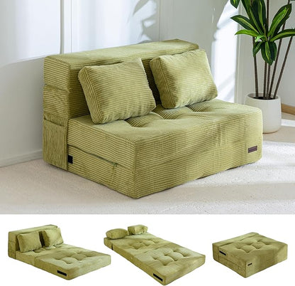 MAXYOYO Convertible Sofa Bed, Fold Out Loveseat Sleeper Sofa with Pillow, 4 in 1 Tufted Folding Couch Bed Foam Floor Couch, Lazy Chair for Living Room Bedroom Guest Room, Green