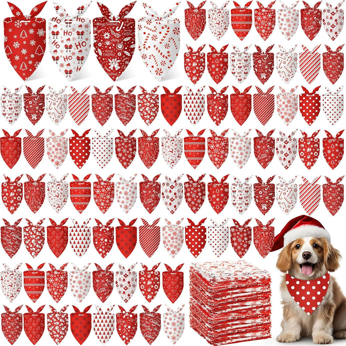 Abbylike 200 Pcs Christmas Dog Bandanas Bulk Xmas Red and White Bandanas for Dogs Triangle Kerchief Bibs Scarf Set for Pet Christmas Costume Photo Props Accessories Pet Shops, 25 Styles